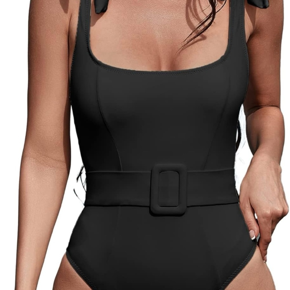 Women’s Small Black One Piece Swimsuit Tie Straps Elastic Belt Moderate Coverage